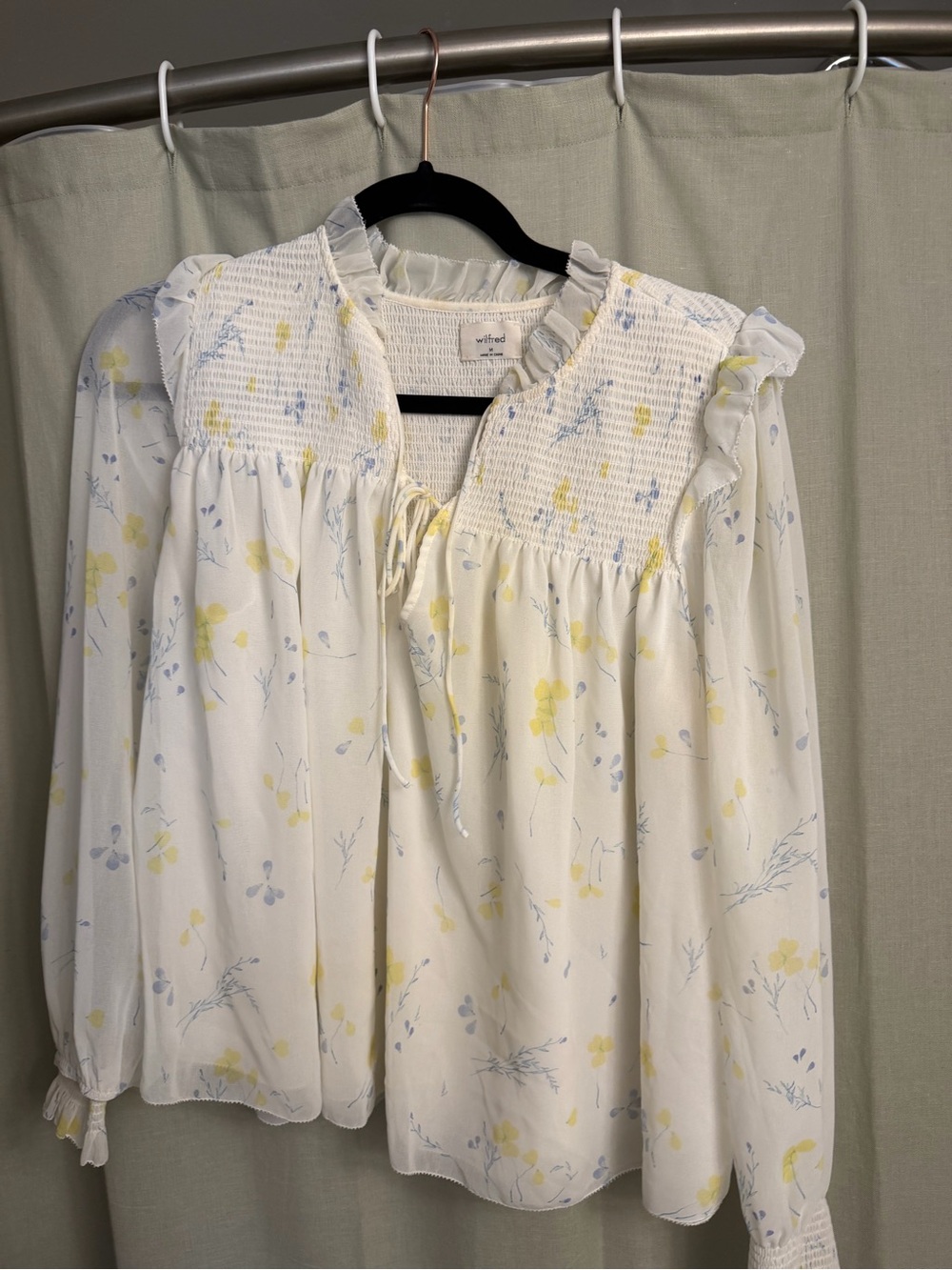 Wilfred White Floral Smocked Yoke Blouse with Yellow & Light Blue Print